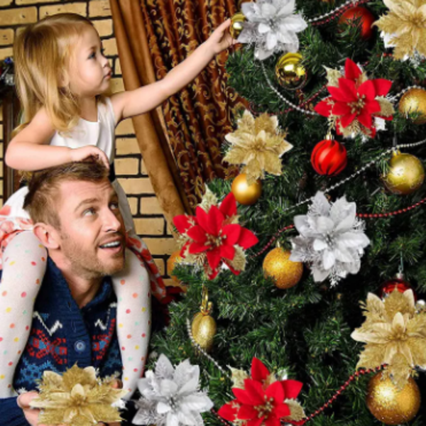 Flores artificiales con purpurina para decoración de árbol de Navidad, adornos de Feliz Año Nuevo, flores