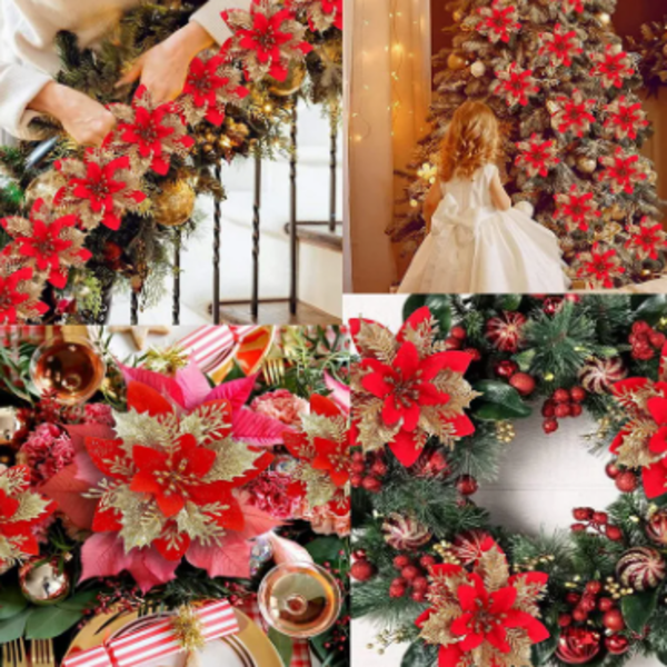 Flores artificiales con purpurina para decoración de árbol de Navidad, adornos de Feliz Año Nuevo, flores