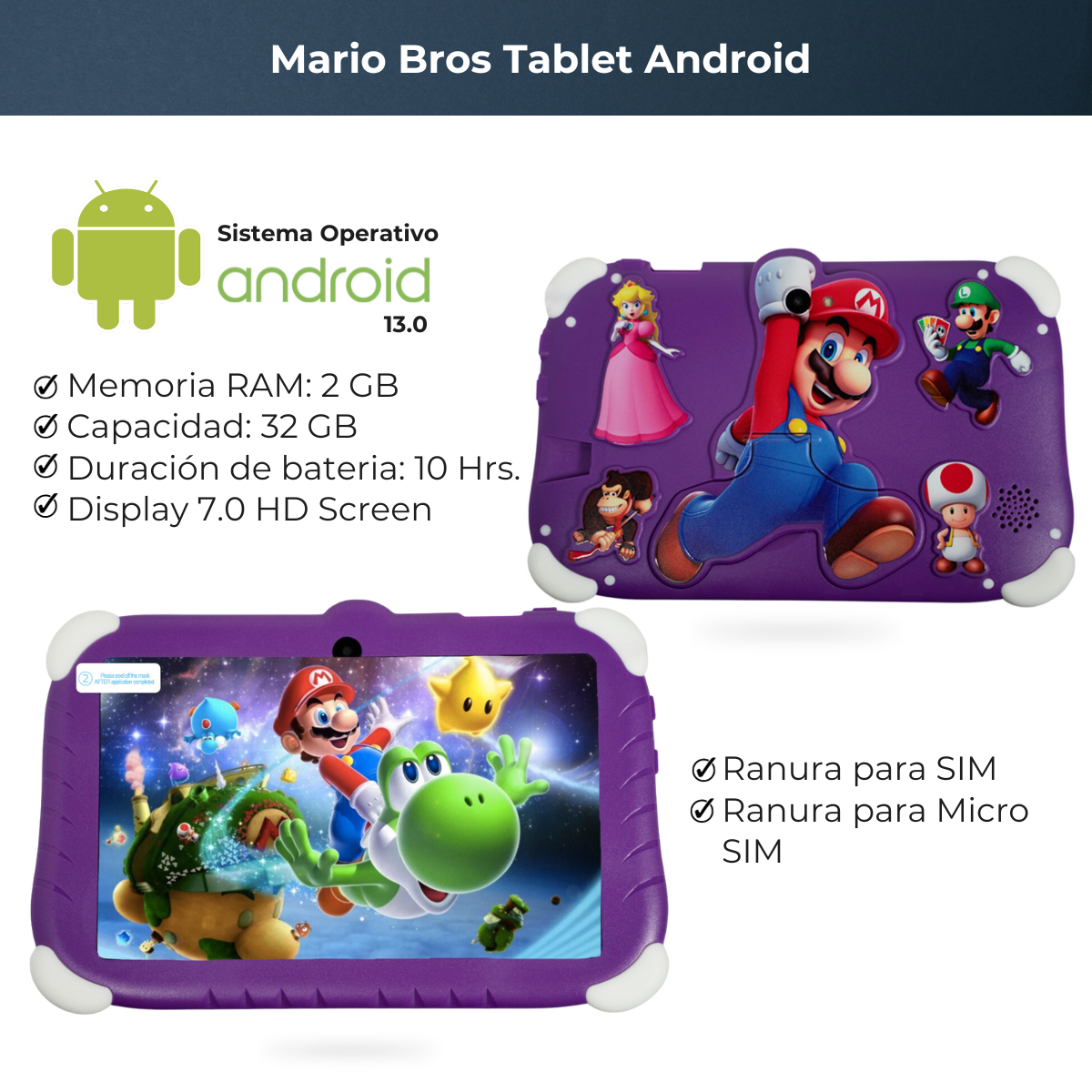 LoQuiero Tablet para niños de super Mario Bross Android 13 7.0 HD Screen 32GB y 2GB RAM MORADO