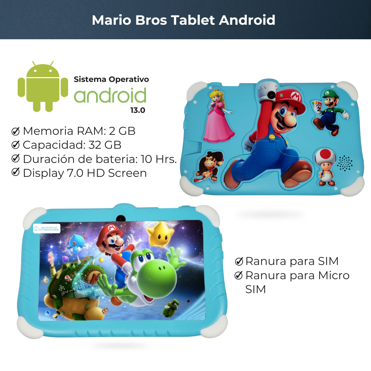 LoQuiero Tablet para niños de super Mario Bross Android 13 7.0 HD Screen 2gb - 32 gb AZUL