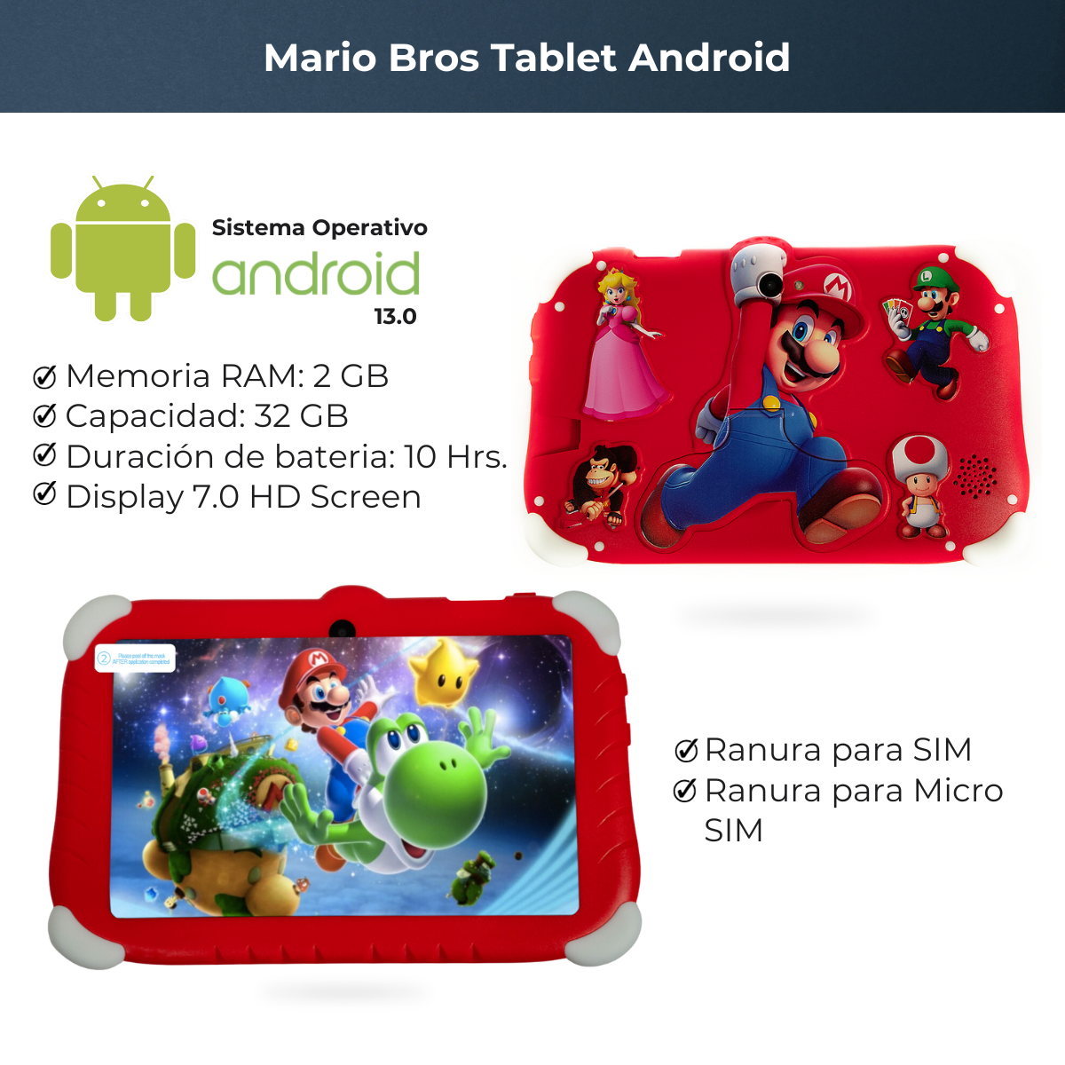 LoQuiero Tablet para niños de super Mario Bross Android 13 7.0 HD Screen 2gb - 32 gb ROJA