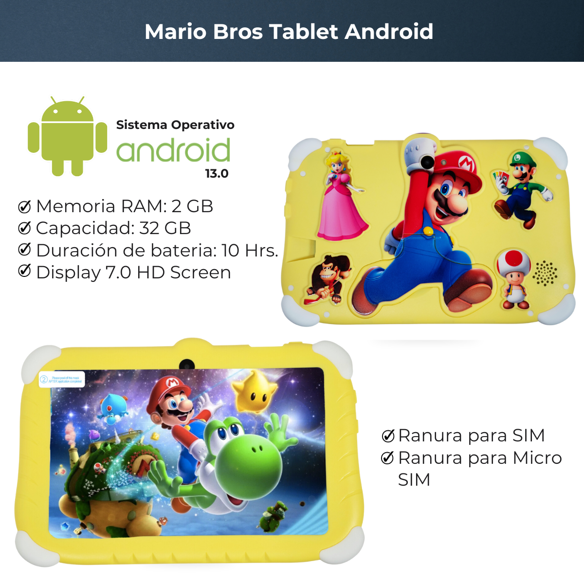 LoQuiero Tablet para niños de super Mario Bross Android 13 7.0 HD Screen 2gb - 32 gb AMARILLO