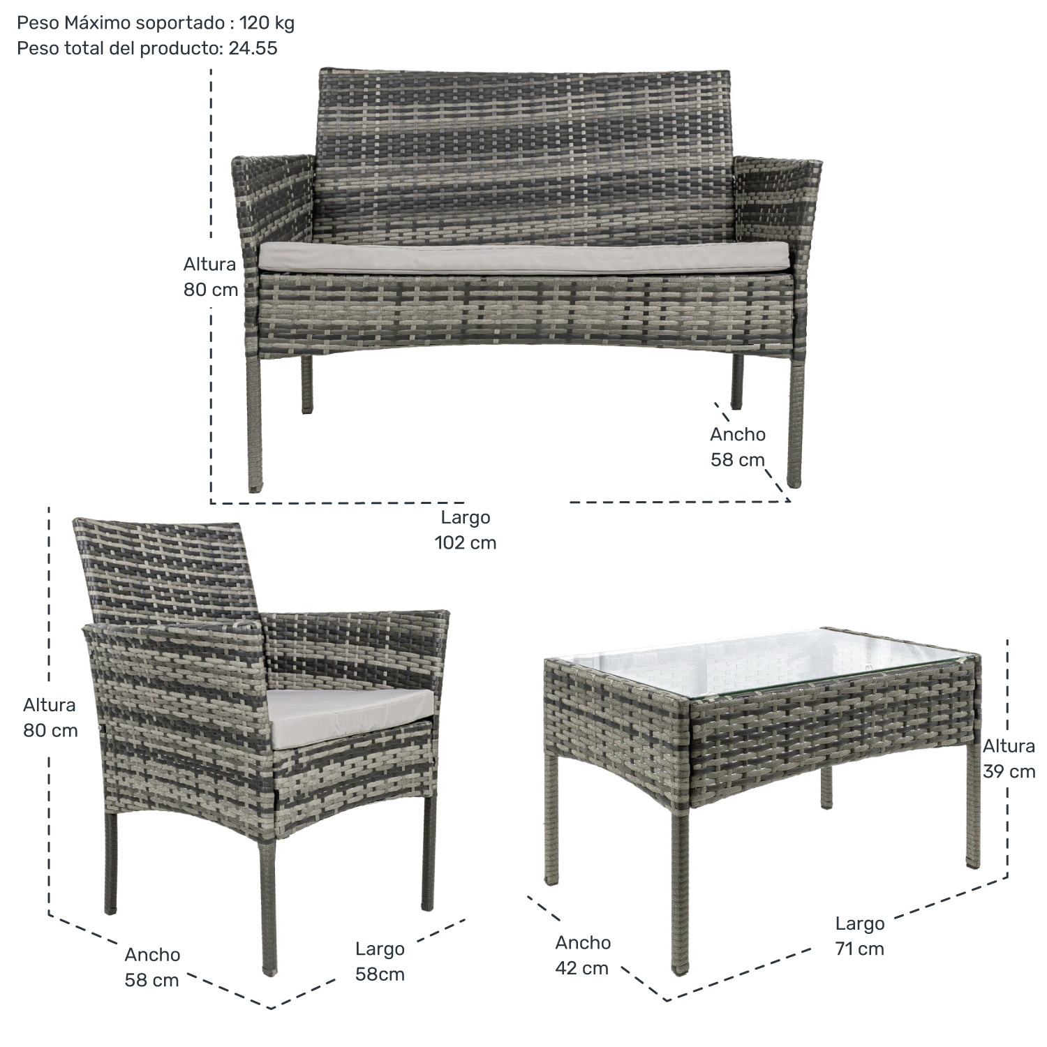 Sala Gris Para Exterior Jardin Patio Terraza 4 Pzs + Cojines