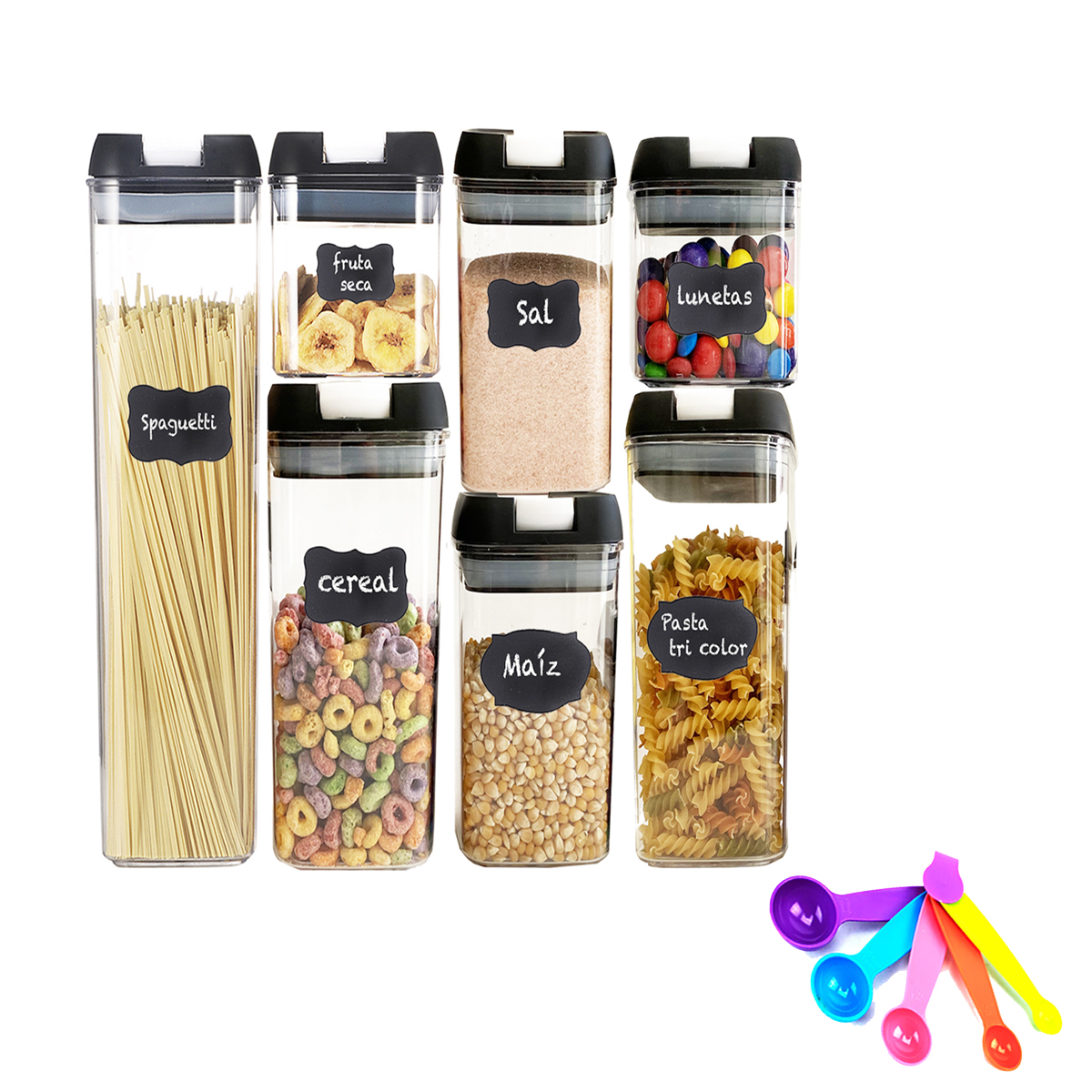 Set de 7 Recipientes Herméticos para Almacenar Alimentos con Etiquetas Personalizables y Cucharas Medidoras