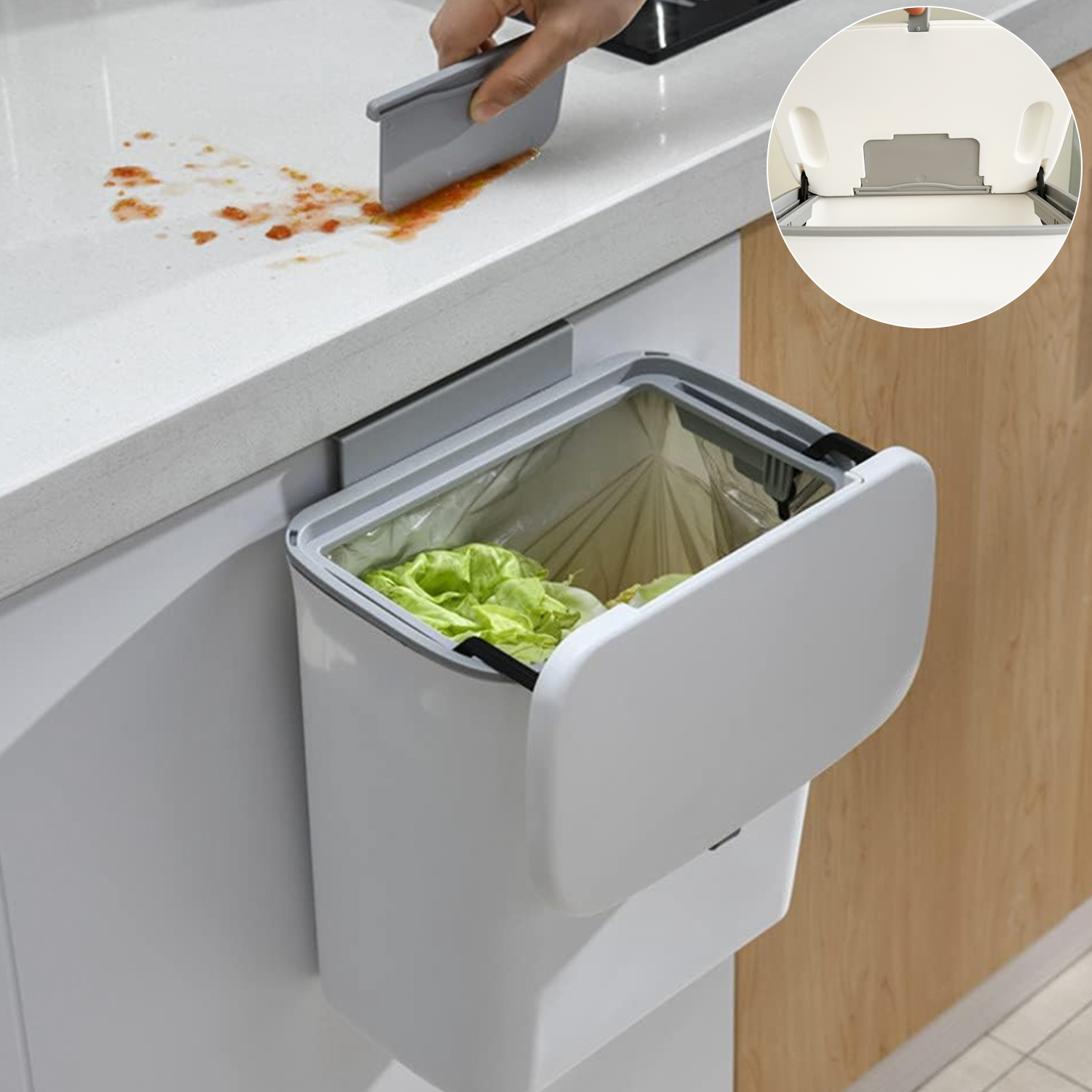 Bote de Basura Colgante para Cocina, Bote con Tapa de Cocina con Jalador de Migajas Capacidad 9L