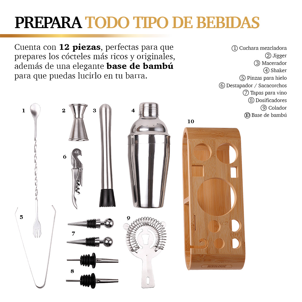 Kit de Coctelería con Jigger Destapador Base 12 Piezas Redlemon 