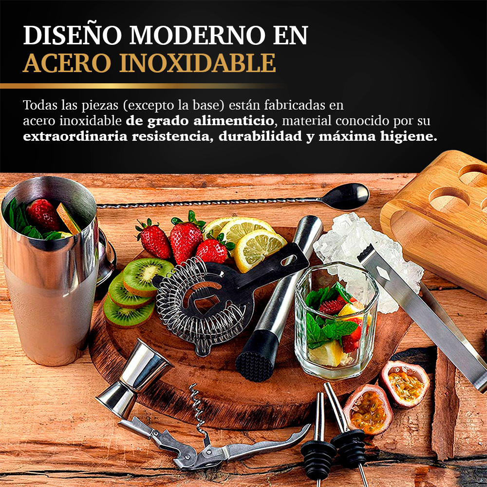 Kit de Coctelería con Jigger Destapador Base 12 Piezas Redlemon 