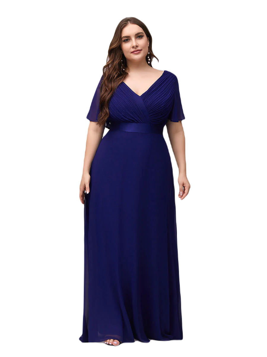 Vestido Elegante de Fiesta Largo Azul Rey Dark para Mujer Manga Ancha Cuello V T Ch a Talla Extra