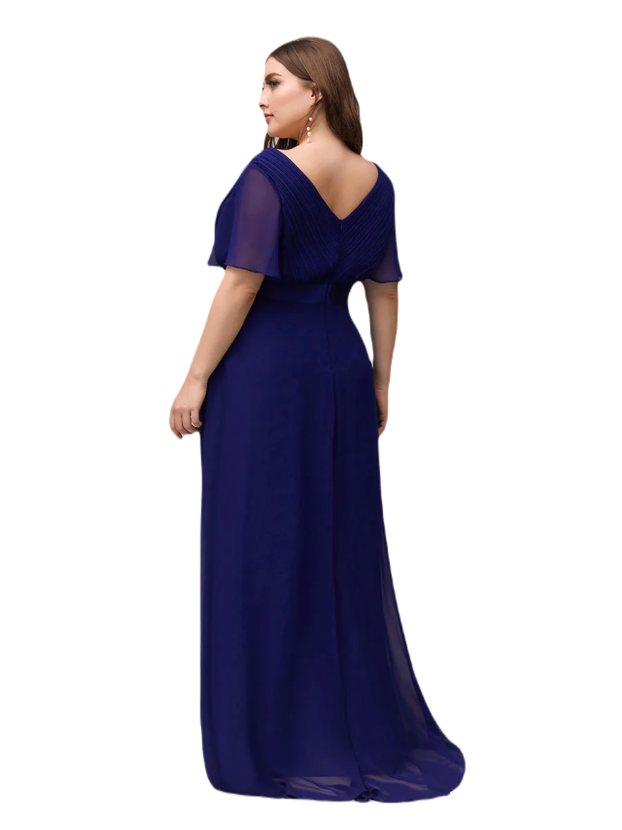 Vestido Elegante de Fiesta Largo Azul Rey Dark para Mujer Manga Ancha Cuello V T Ch a Talla Extra