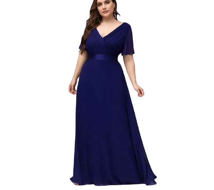 Vestido Elegante de Fiesta Largo Azul Rey Dark para Mujer Manga Ancha Cuello V T Ch a Talla Extra