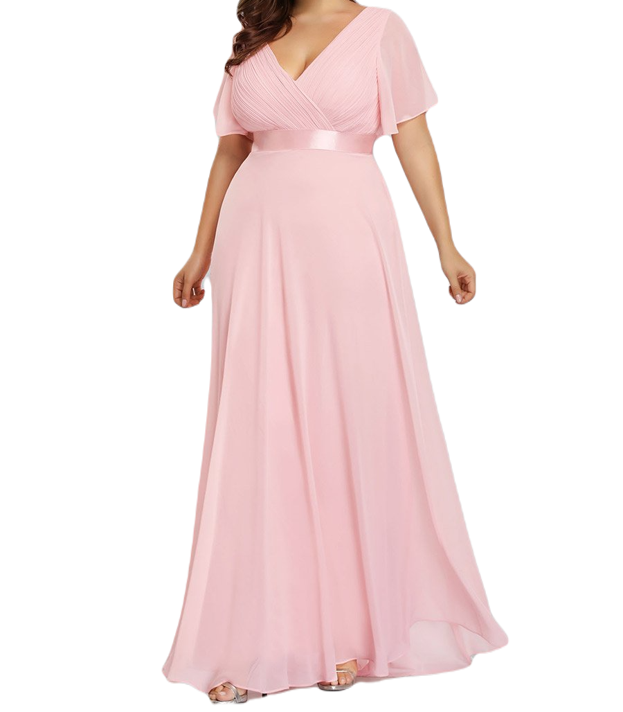 Vestido Elegante de Fiesta Largo Rosa Palo para Mujer Manga Ancha Cuello V T Ch a Talla Extra