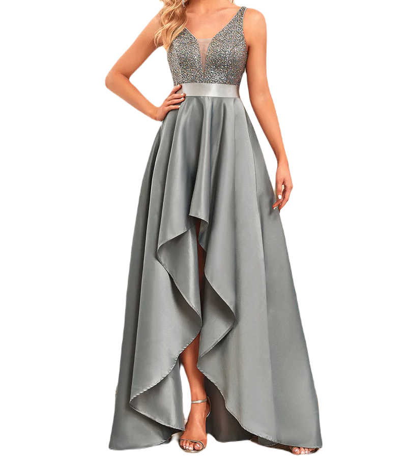 Vestido Elegante de Fiesta Largo Plata Gris Lentejuela High Low Asimétrico Con Cola Curvy T Ch a Talla Extra