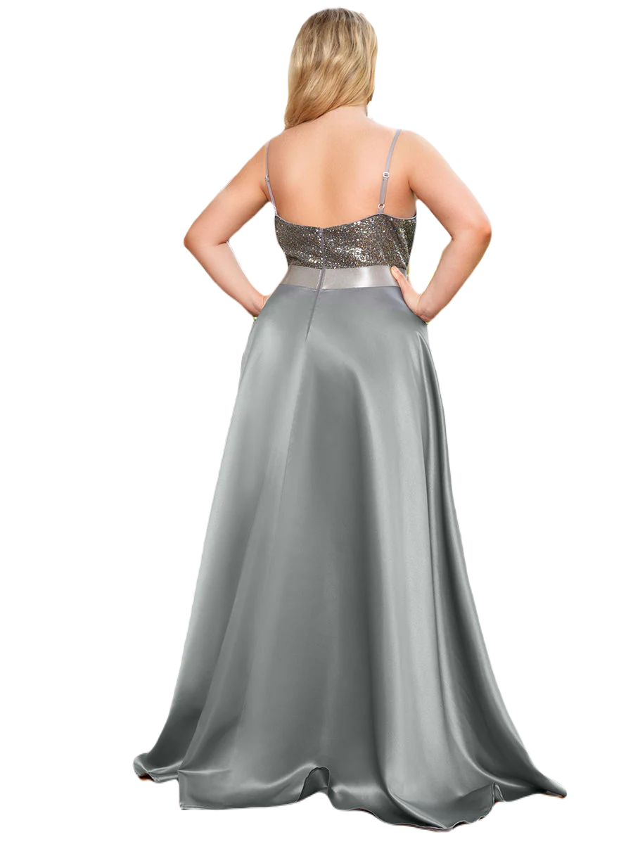 Vestido Elegante de Fiesta Largo Plata Gris Lentejuela High Low Asimétrico Con Cola Curvy T Ch a Talla Extra