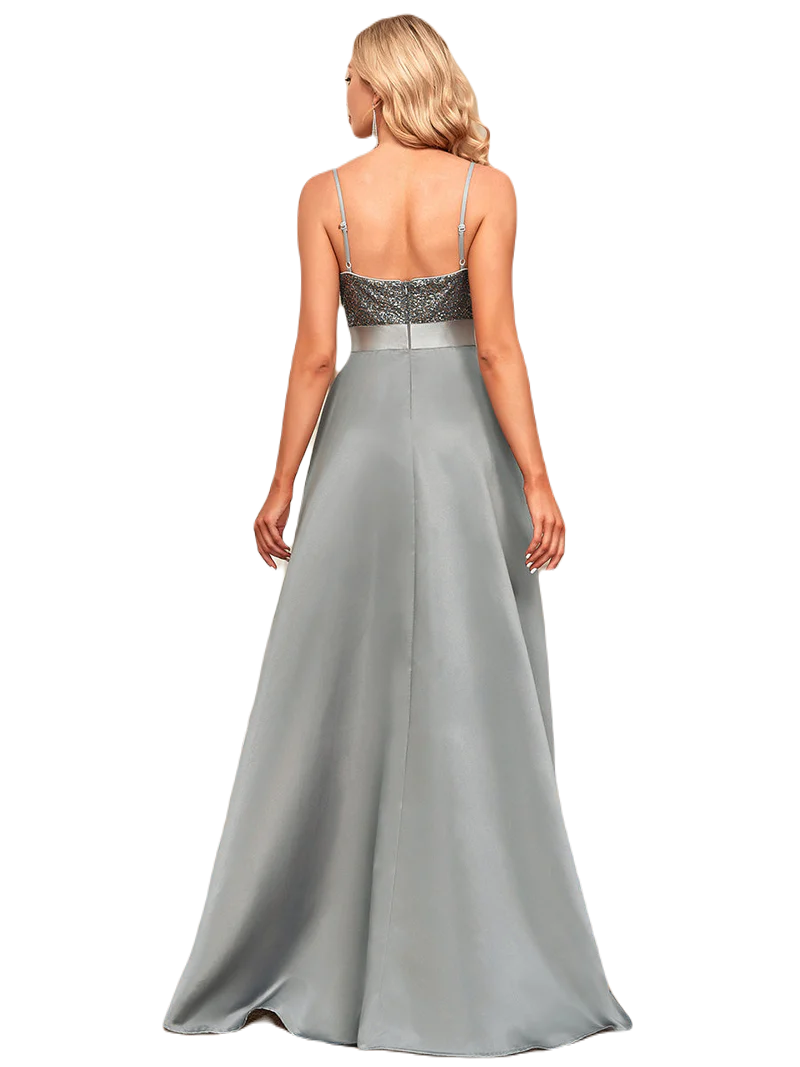 Vestido Elegante de Fiesta Largo Plata Gris Lentejuela High Low Asimétrico Con Cola Curvy T Ch a Talla Extra