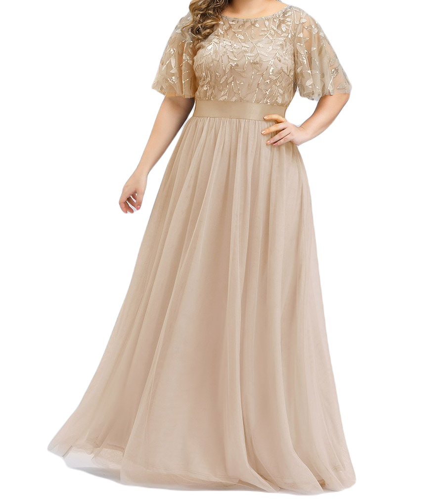 Vestido Elegante de Fiesta Largo Curvy Dorado Beige Cuello Redondo Hojitas Detalles c/Lentejuela Manga Amplia T Ch a Talla Extra