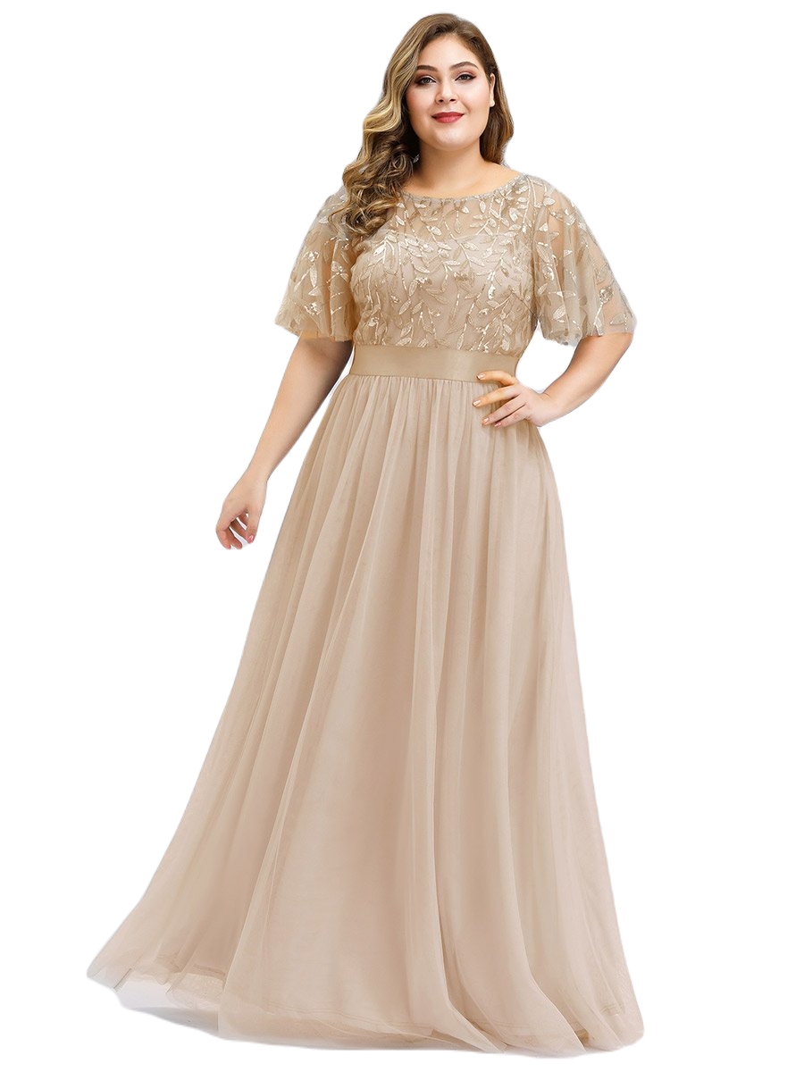Vestido Elegante de Fiesta Largo Curvy Dorado Beige Cuello Redondo Hojitas Detalles c/Lentejuela Manga Amplia T Ch a Talla Extra