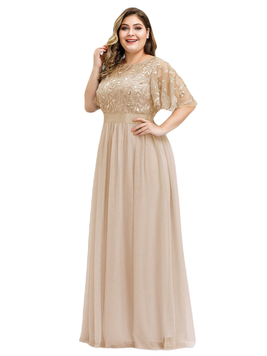 Vestido Elegante de Fiesta Largo Curvy Dorado Beige Cuello Redondo Hojitas Detalles c/Lentejuela Manga Amplia T Ch a Talla Extra