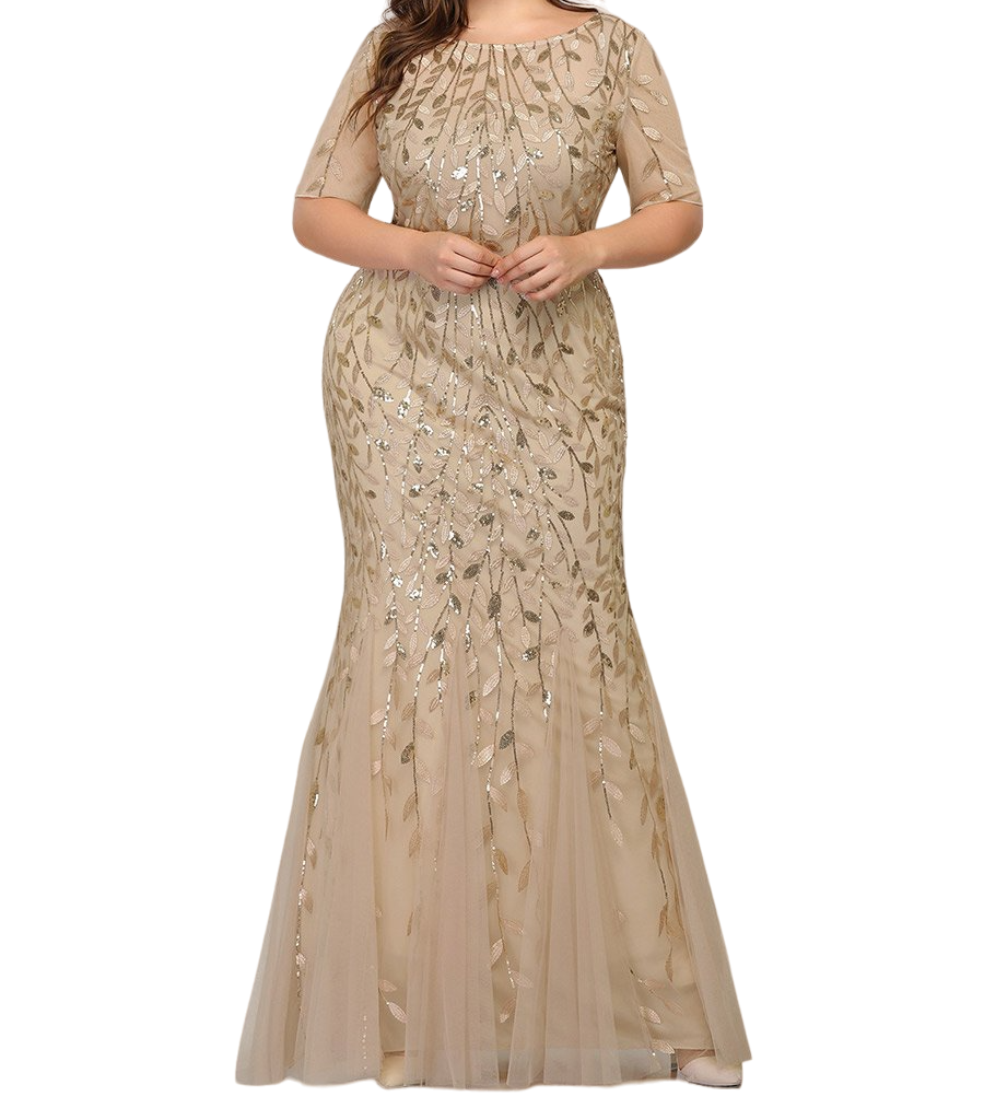 Vestido Elegante de Fiesta Largo Dorado Beige para Mujer con Lentejuela Sirena Manga Corta T Ch a Talla Extra