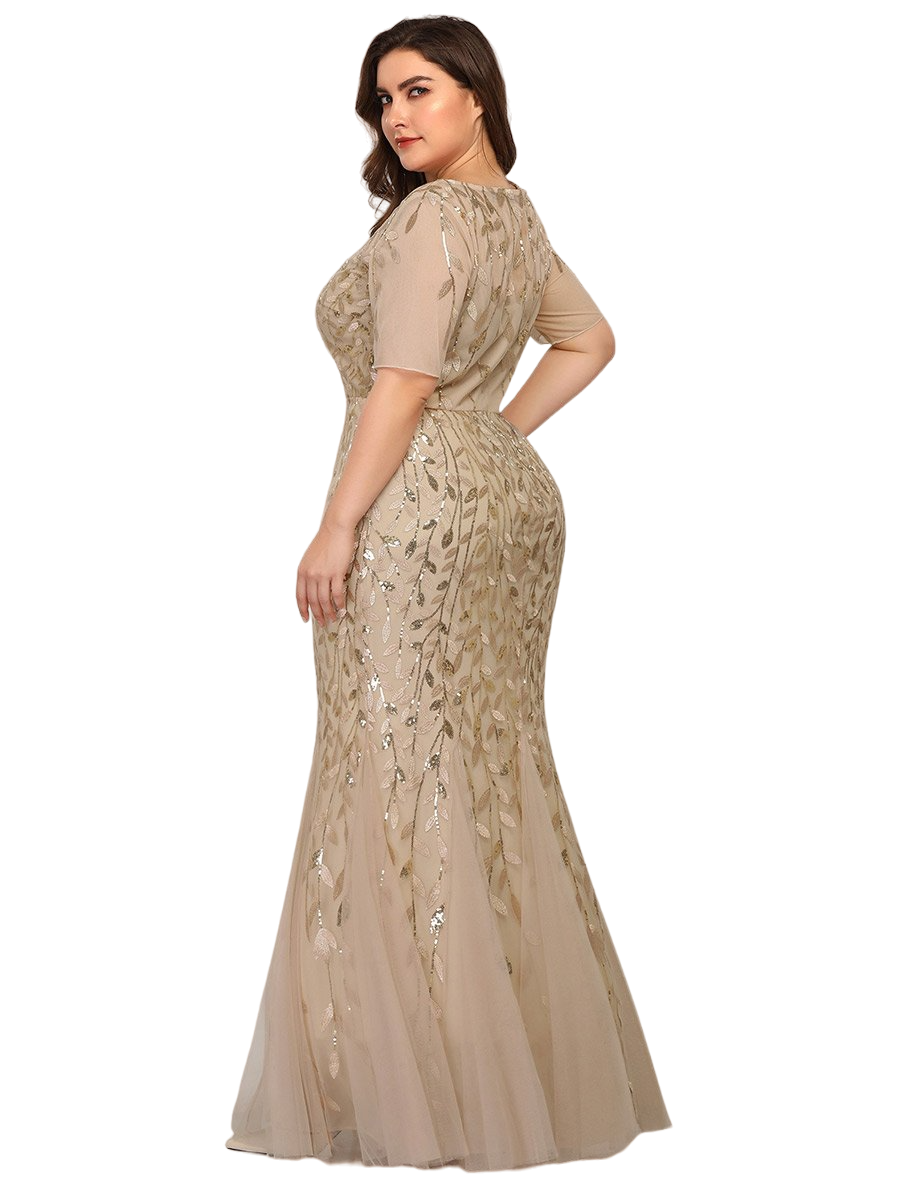 Vestido Elegante de Fiesta Largo Dorado Beige para Mujer con Lentejuela Sirena Manga Corta T Ch a Talla Extra