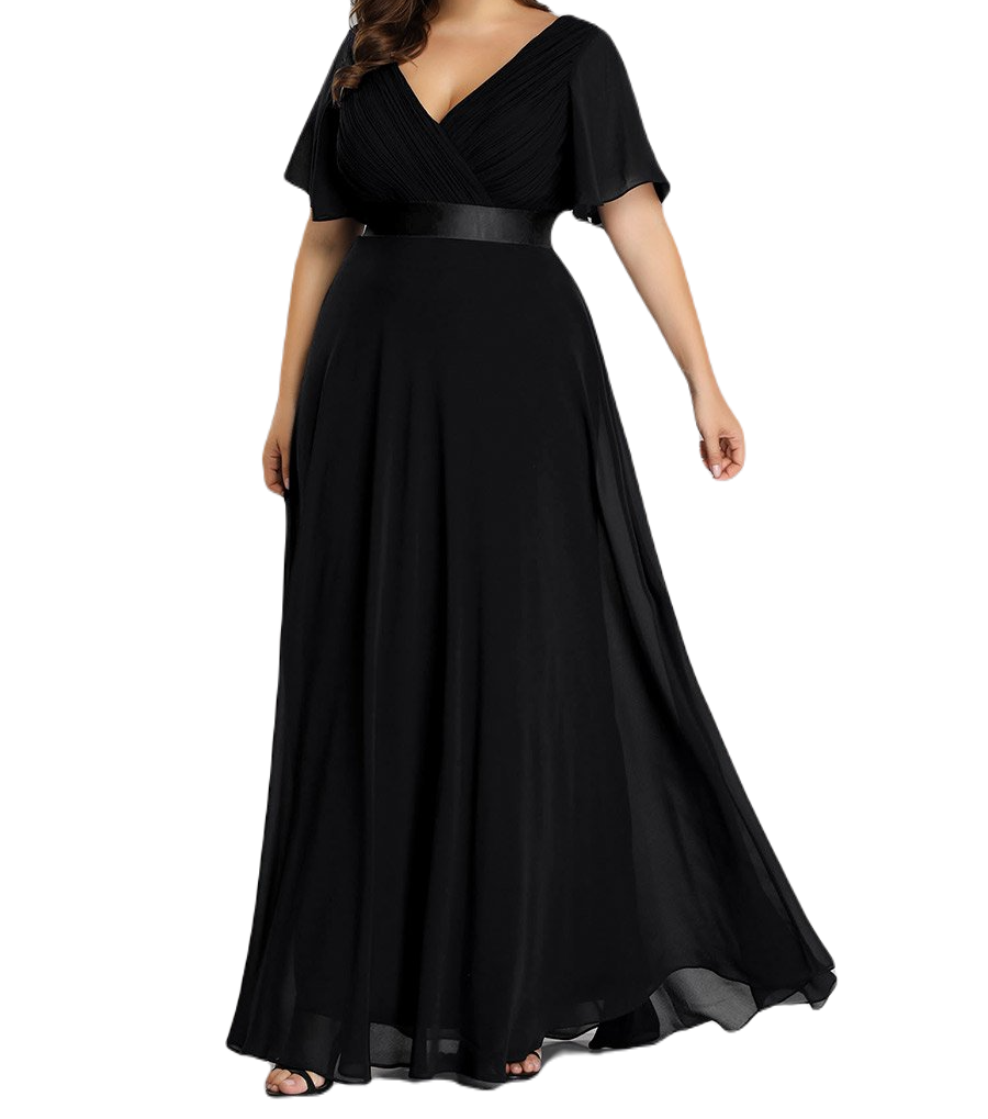 Vestido Elegante de Fiesta Largo Negro para Mujer Manga Ancha Cuello V Talla Grande