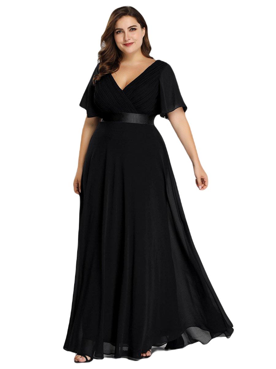 Vestido Elegante de Fiesta Largo Negro para Mujer Manga Ancha Cuello V Talla Grande