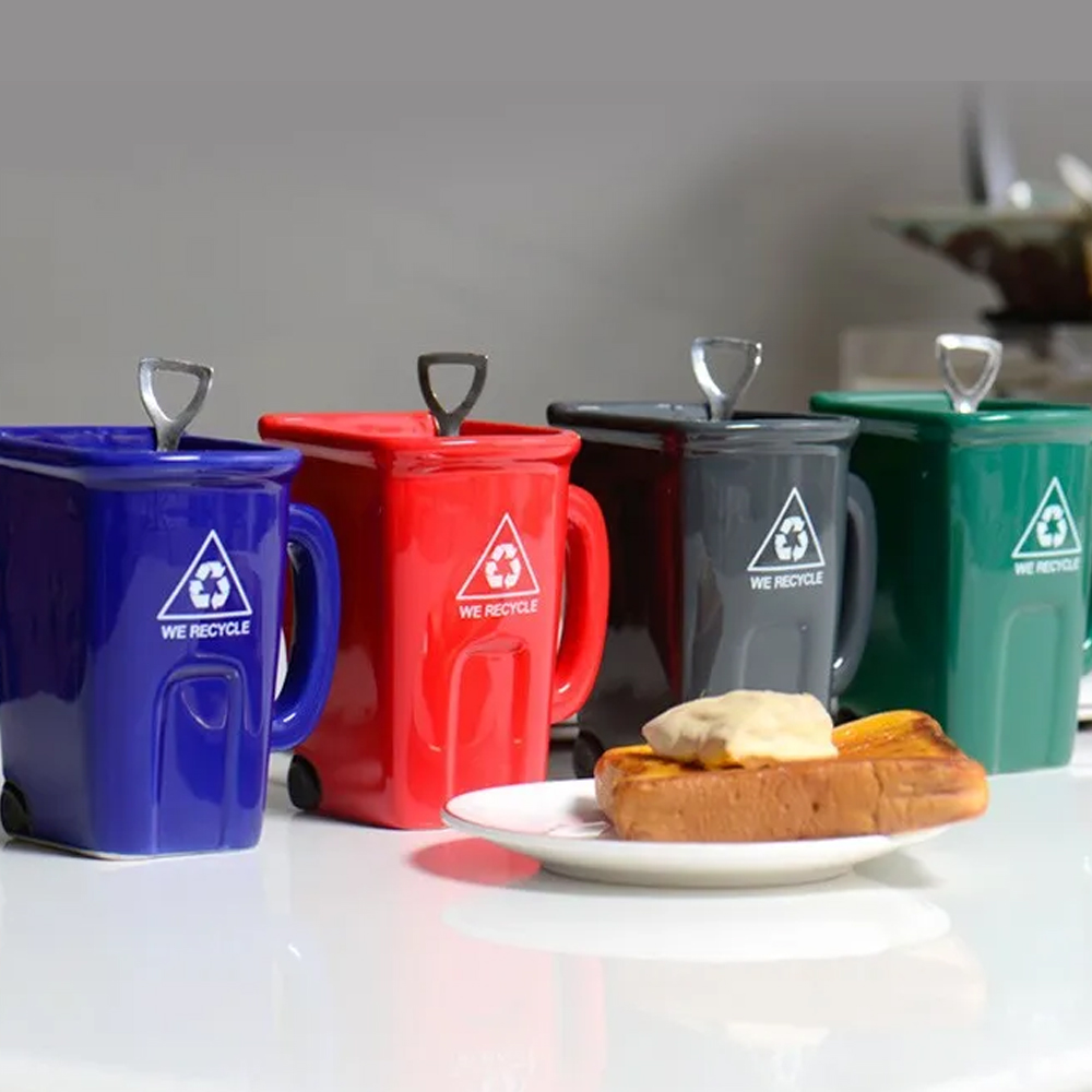 Taza de Céramica Bote Cubo Para Basura Reciclable Creativa con Cuchara en Forma de Pala