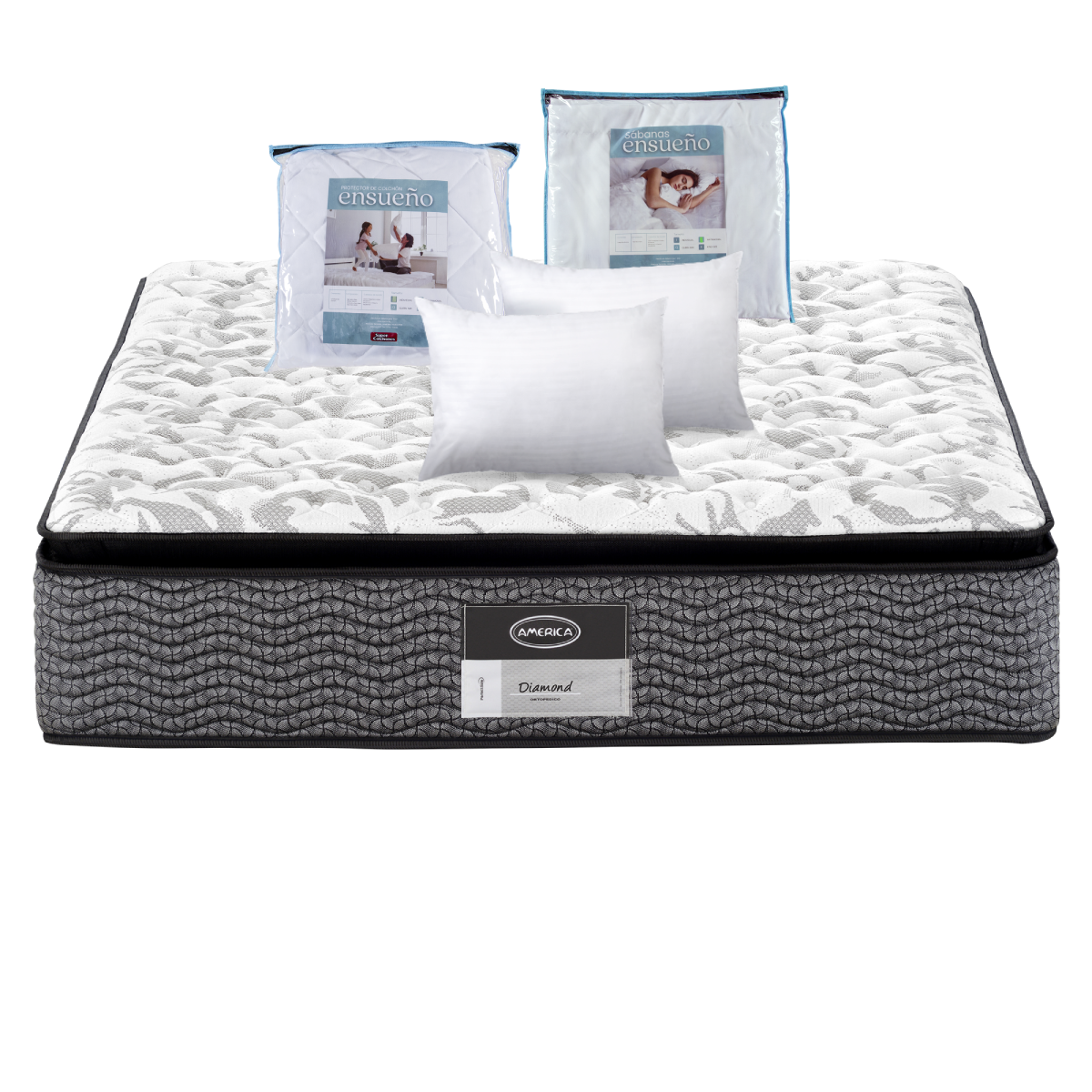 Colchon America Diamond Matrimonial + Sabanas Ensueño + Protector Ensueño + 2 Almohadas de regalo