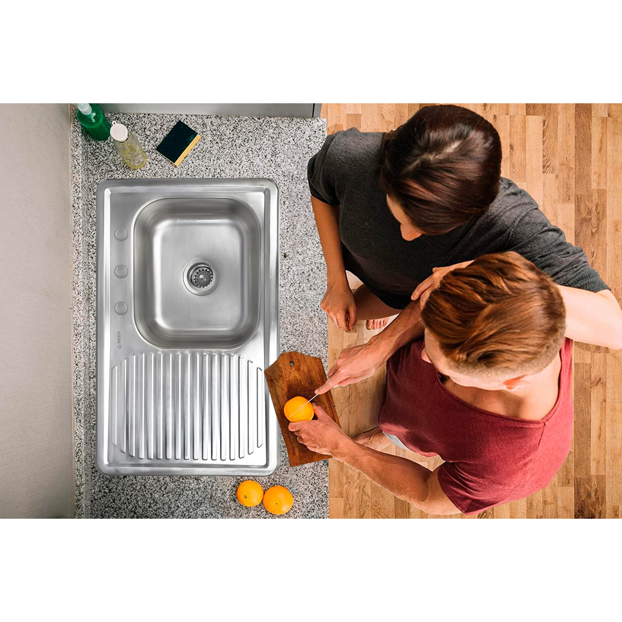 MEER Faucets by CNX | Tarja Sencilla con Escurridor en Acero Inoxidable para Cocina con Escurridor Derecho incluye Mezcladora Flexible con Dos Tipos de Chorro y Kit de Instalación