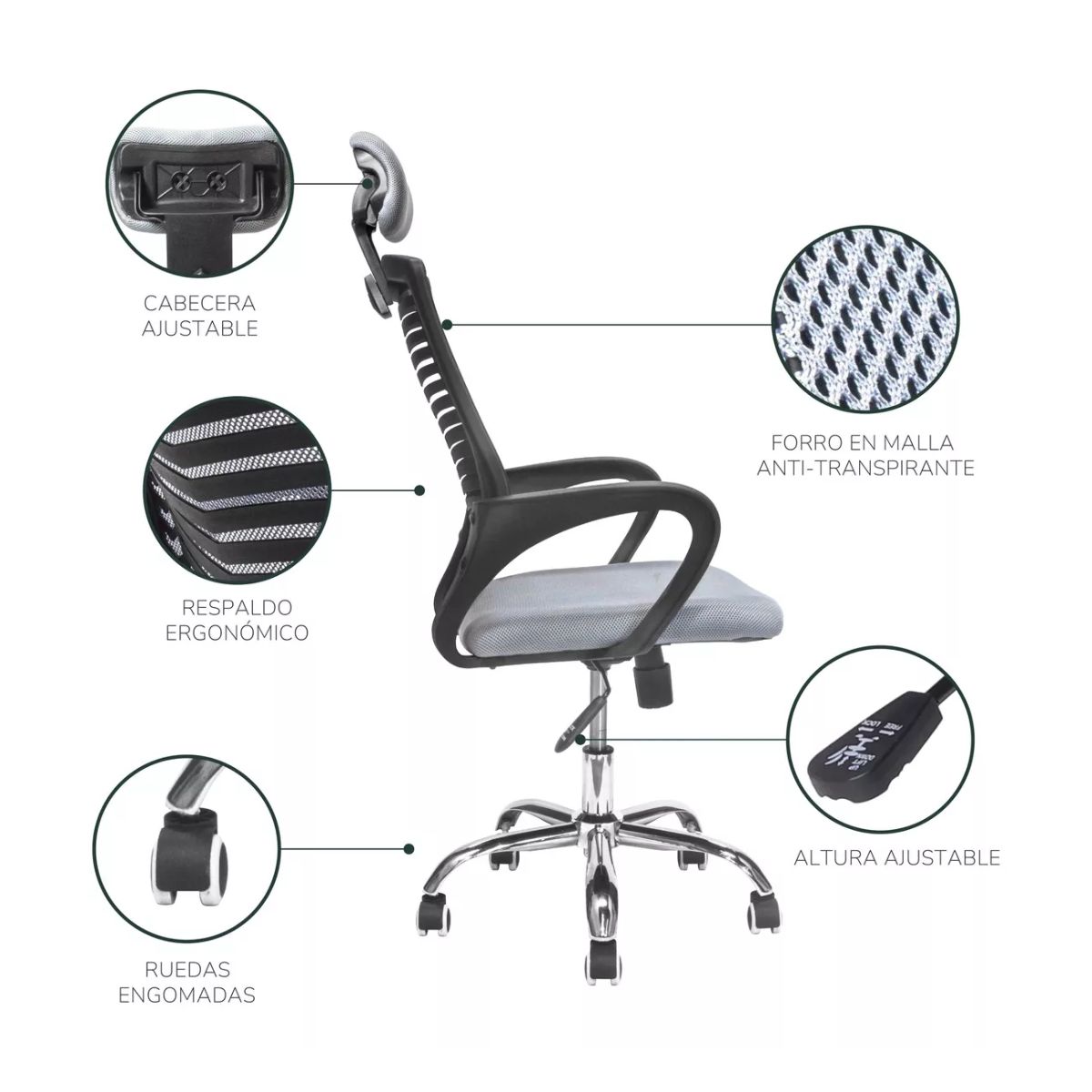 Silla de escritorio gamer ergonómica gris con tapizado