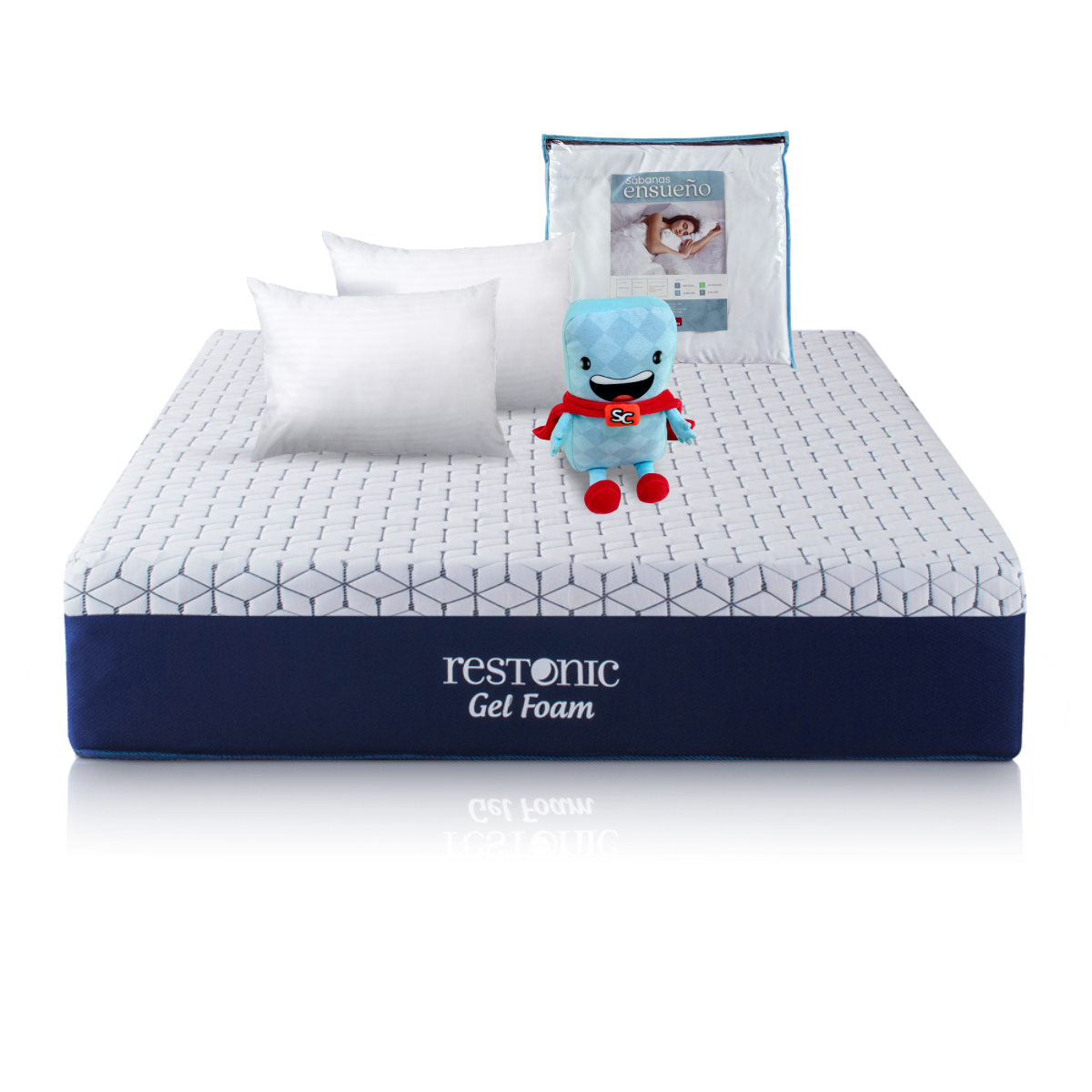 Colchon Restonic Gel Foam Queen Size + Sabanas Ensueño + 2 Almohadas de Regalo + Colchonsin