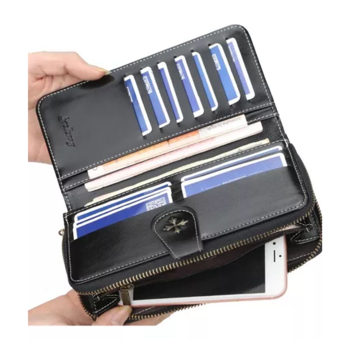 Cartera Larga P/dama Cuero Pu C/cierre Correa Negro