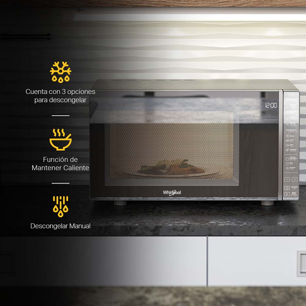 Microondas Whirlpool 1.1 P³ Plateado Acabado Espejo WM1811D