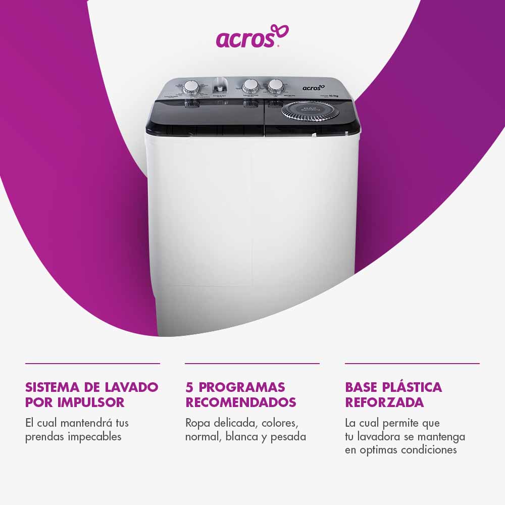 Lavadora dos tinas Acros 10kg ALD1035JE Blanco con vistas grises