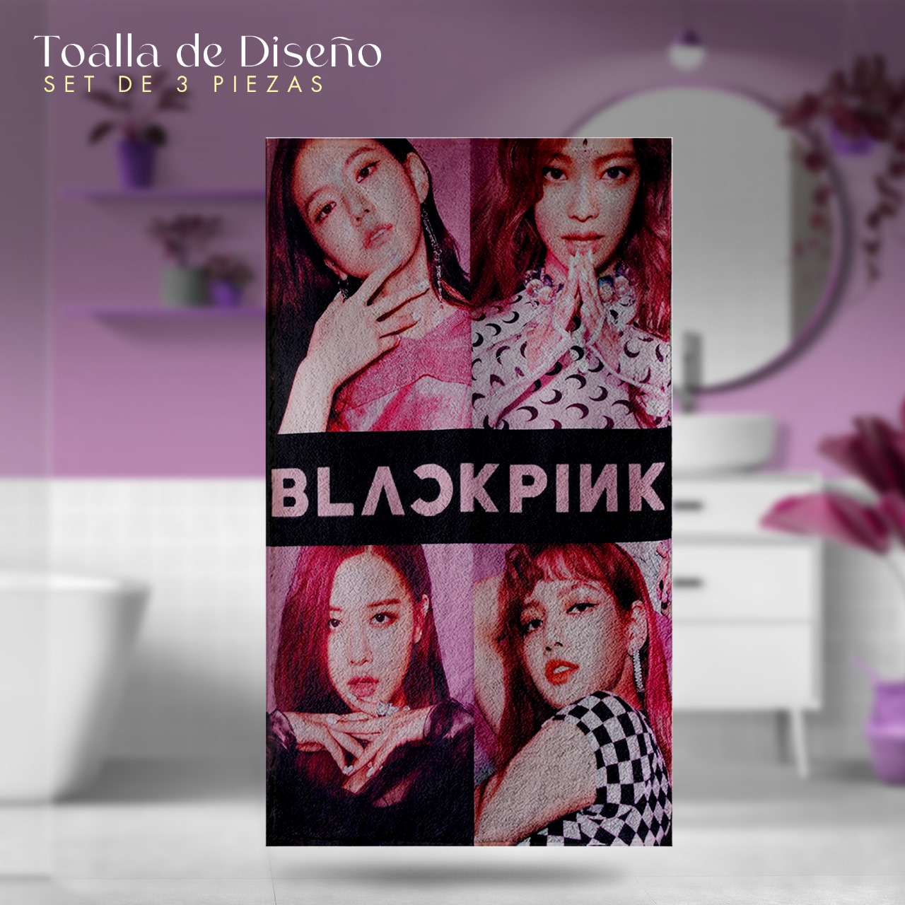 Set 3 Toallas De Baño Black Pink Diseño KPOP Blink Microfibra Absorbente.