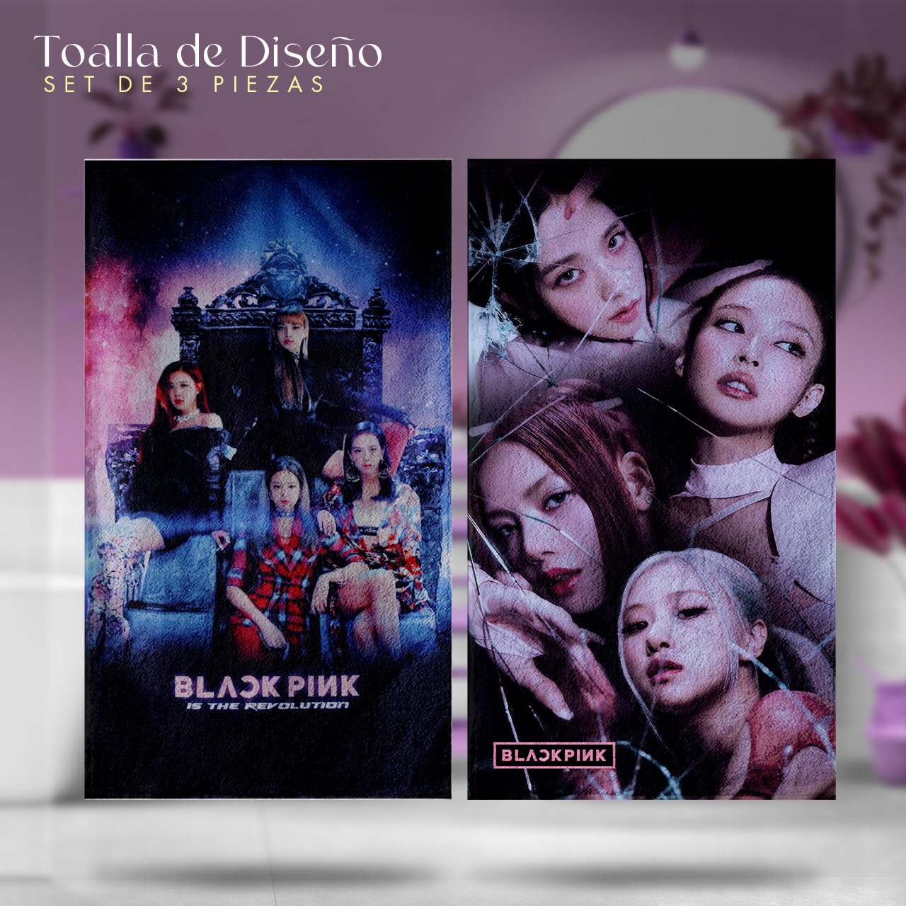 Set 3 Toallas De Baño Black Pink Diseño KPOP Blink Microfibra Absorbente.