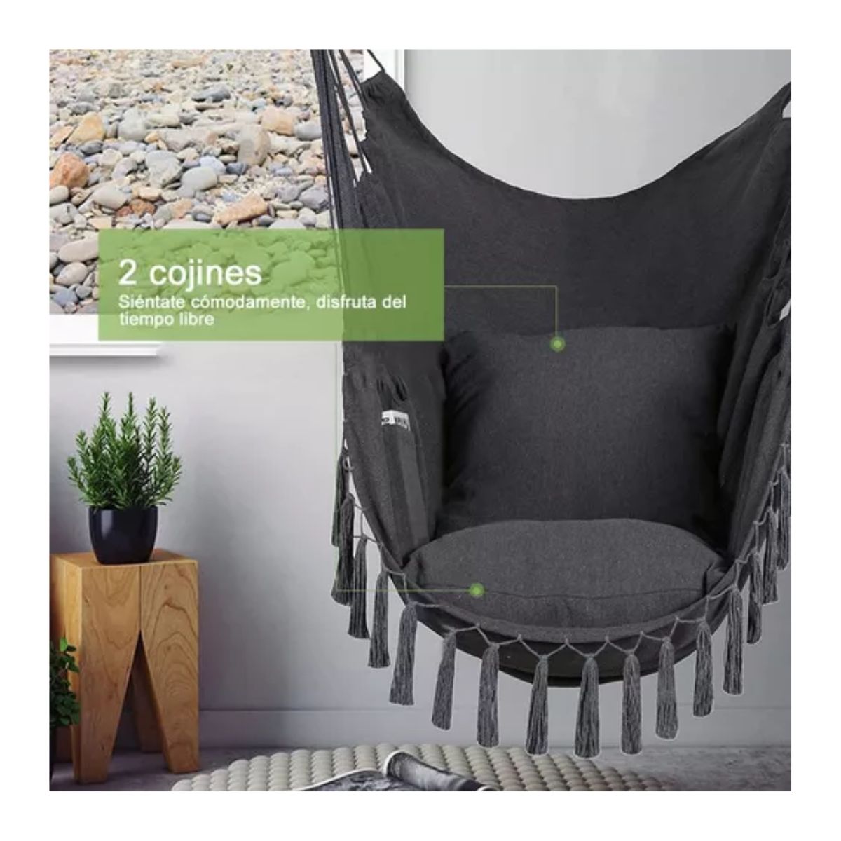 Silla Hamaca Silla Columpio Colgante 2 Cojín Kit Instalación Gris
