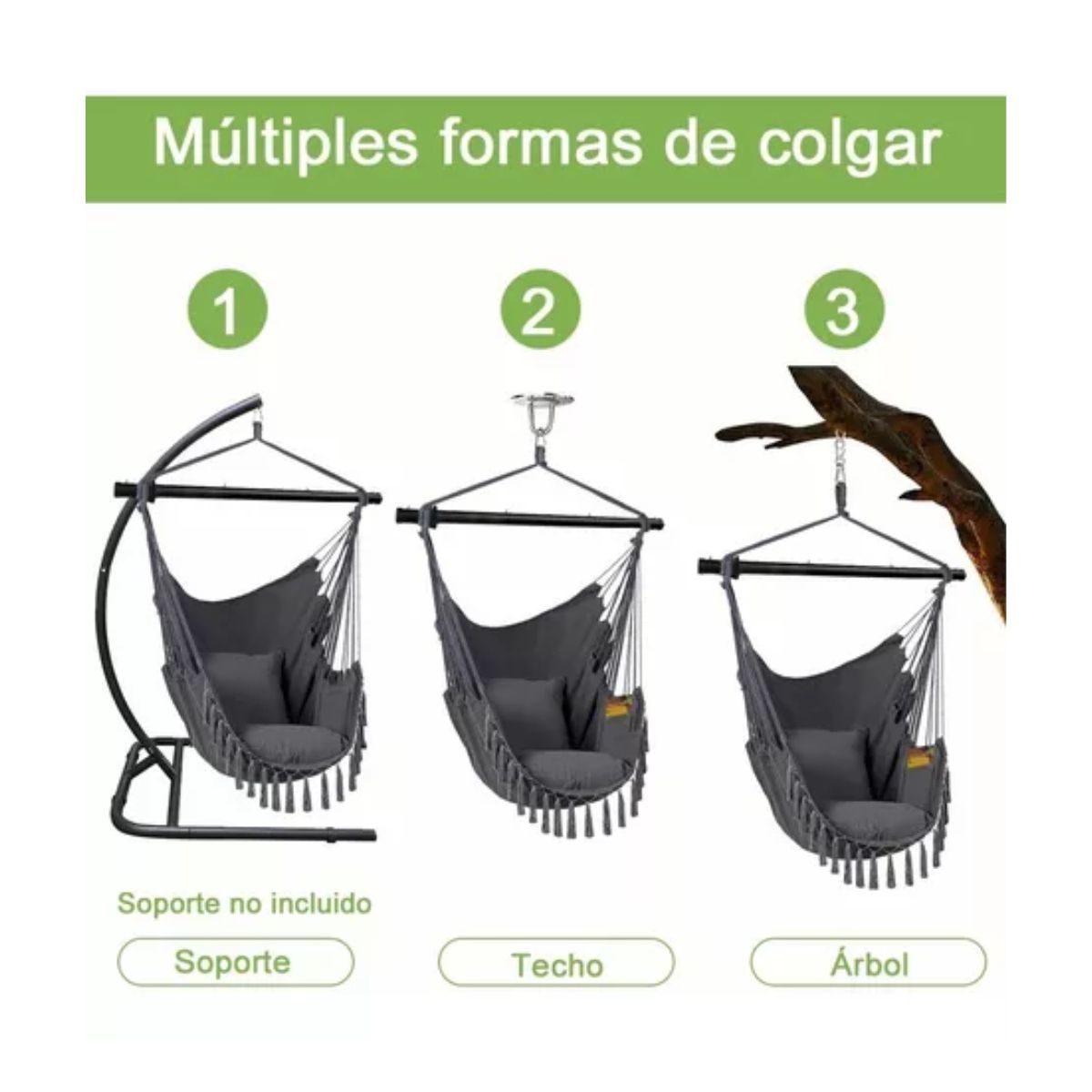 Silla Hamaca Silla Columpio Colgante 2 Cojín Kit Instalación Gris
