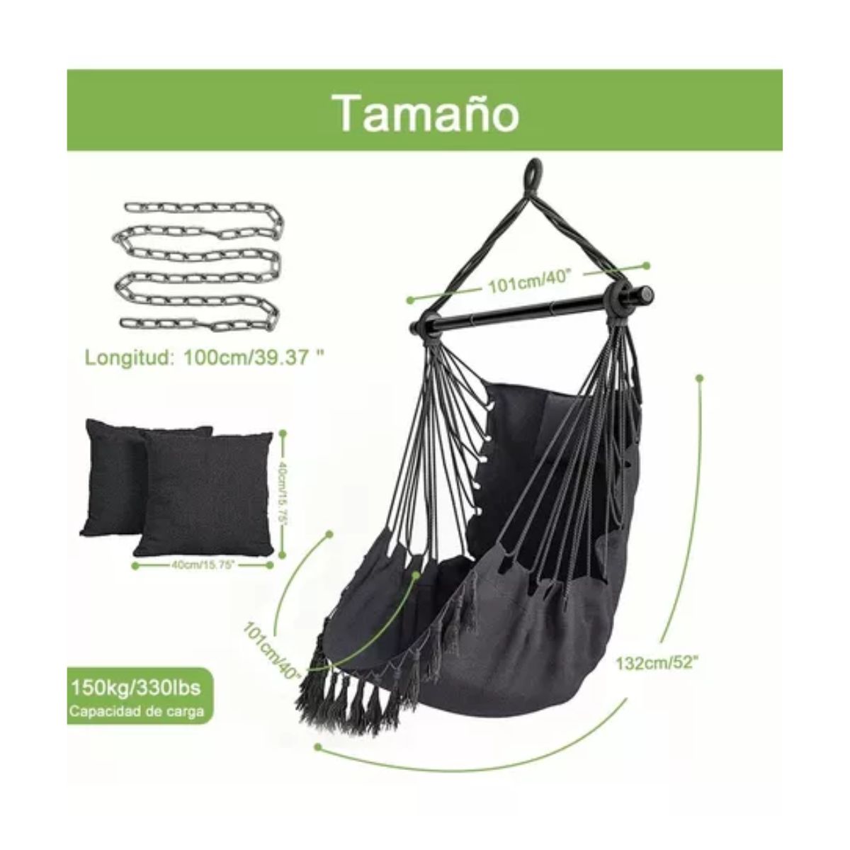 Silla Hamaca Silla Columpio Colgante 2 Cojín Kit Instalación Gris