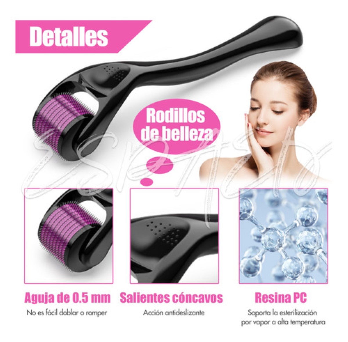 Dermaroller Facial Regenerador Colágeno Derma Roller 0.5mm Negro/Rodillo rOSA