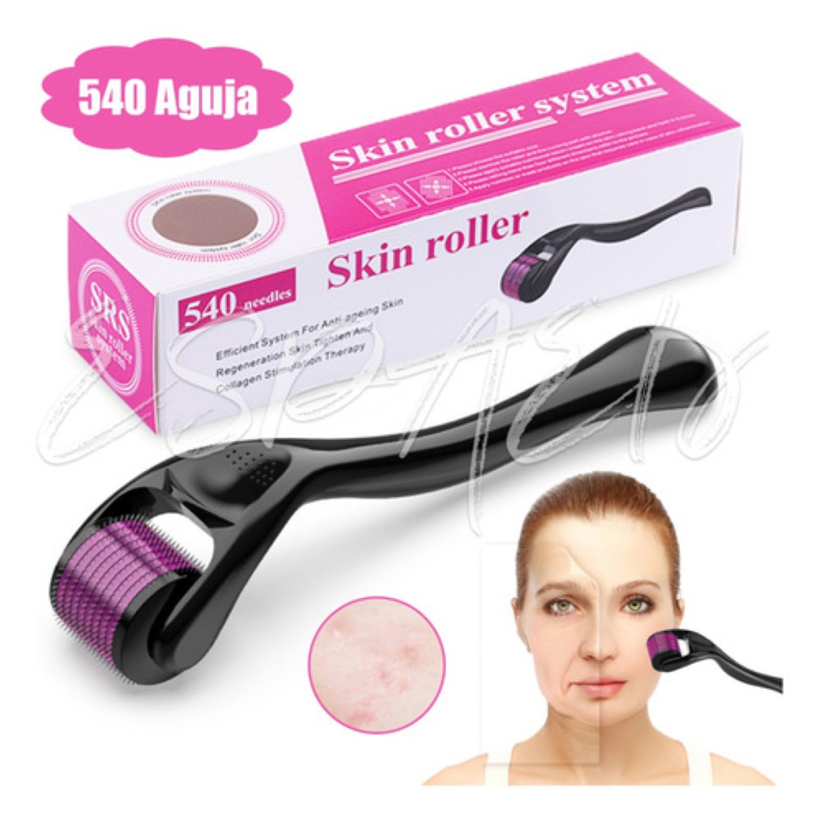 Dermaroller Facial Regenerador Colágeno Derma Roller 0.5mm Negro/Rodillo rOSA