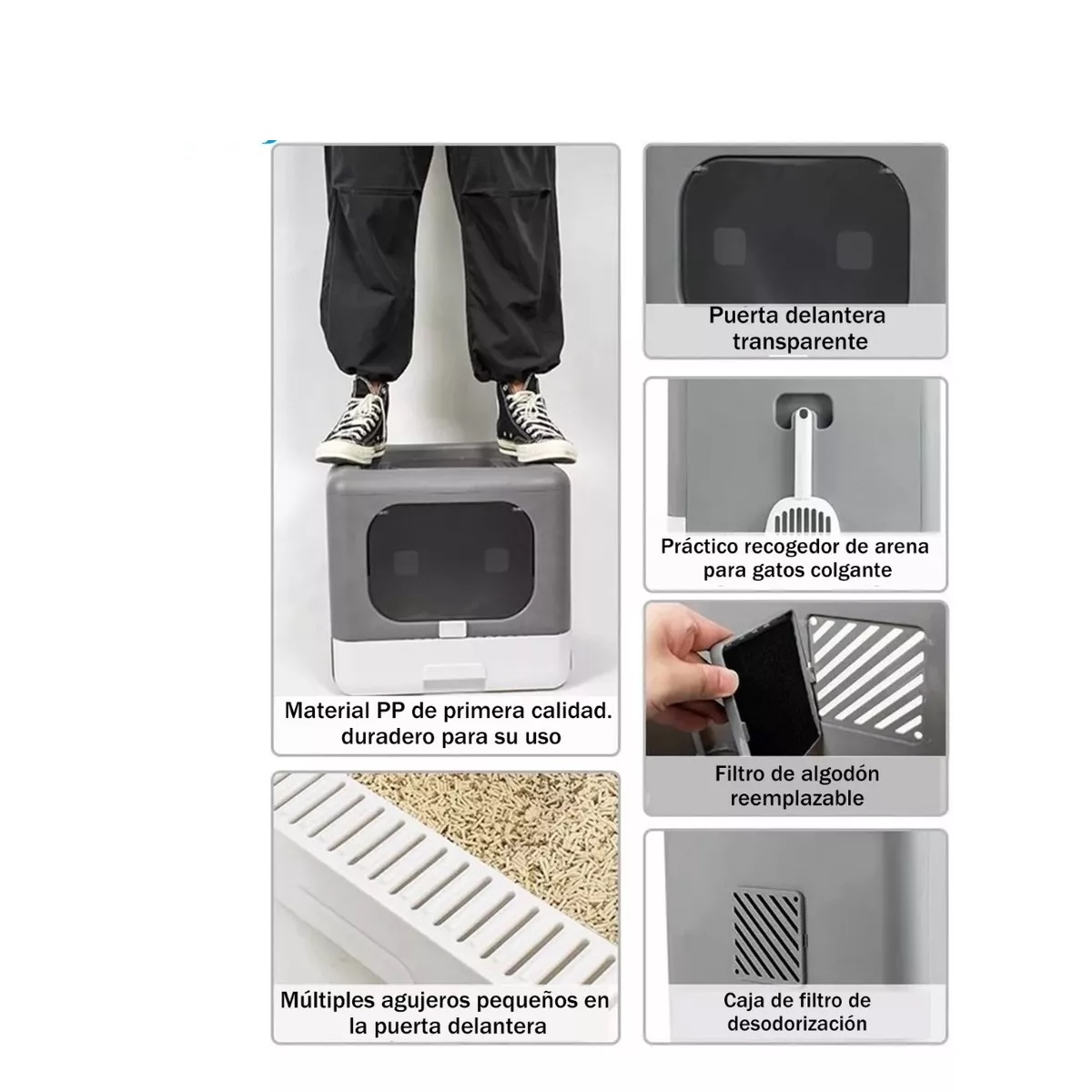 Arenero Para Gatos Grande Cerrado Plegable Portátil Gris