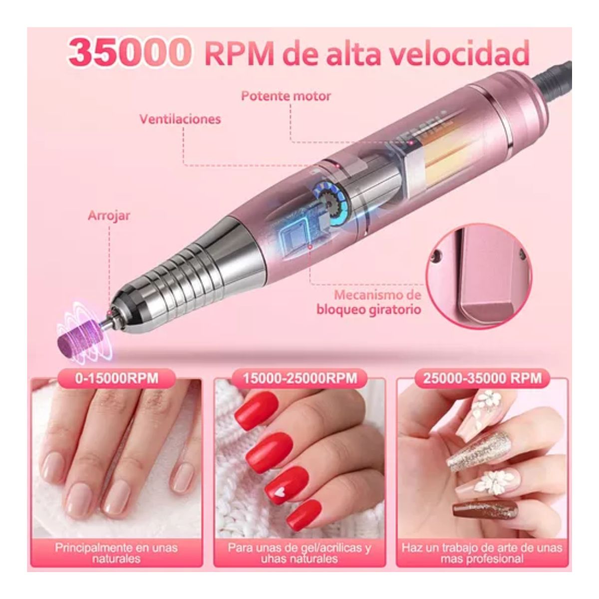 Pulidor Esmeril Taladro De Uñas Acrílicas 120 pcs 35000rpm Rosa