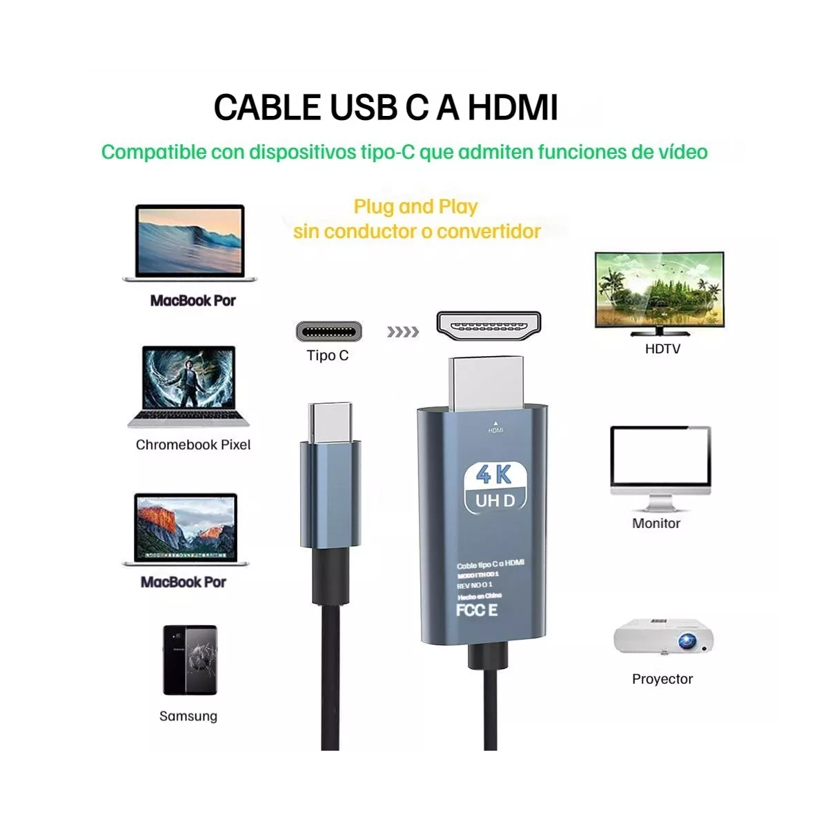 Cable Adaptador Usb Tipo C A Hdmi 4k Gris De 2m