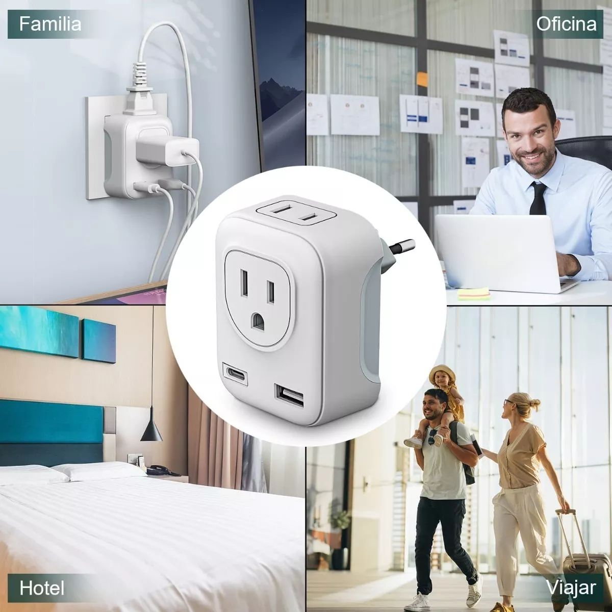 Adaptador De Enchufe Europeo Con Puerto Tipo C Y Usb