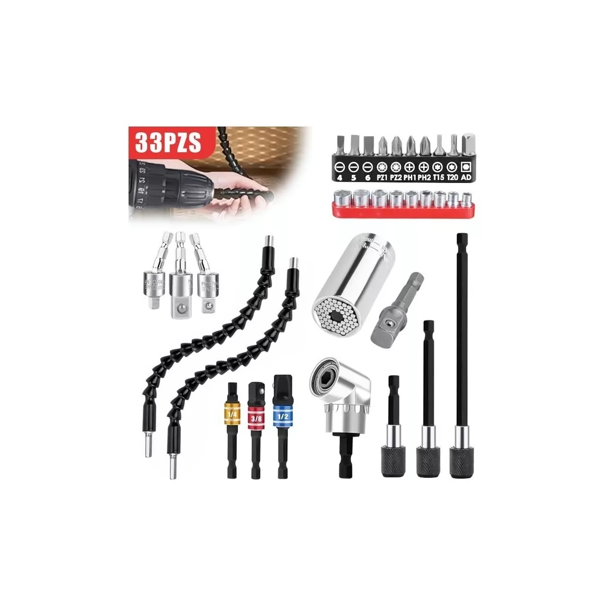 Kit De Extensión Adaptador Taladro Con 105 Ángulares 33pzs
