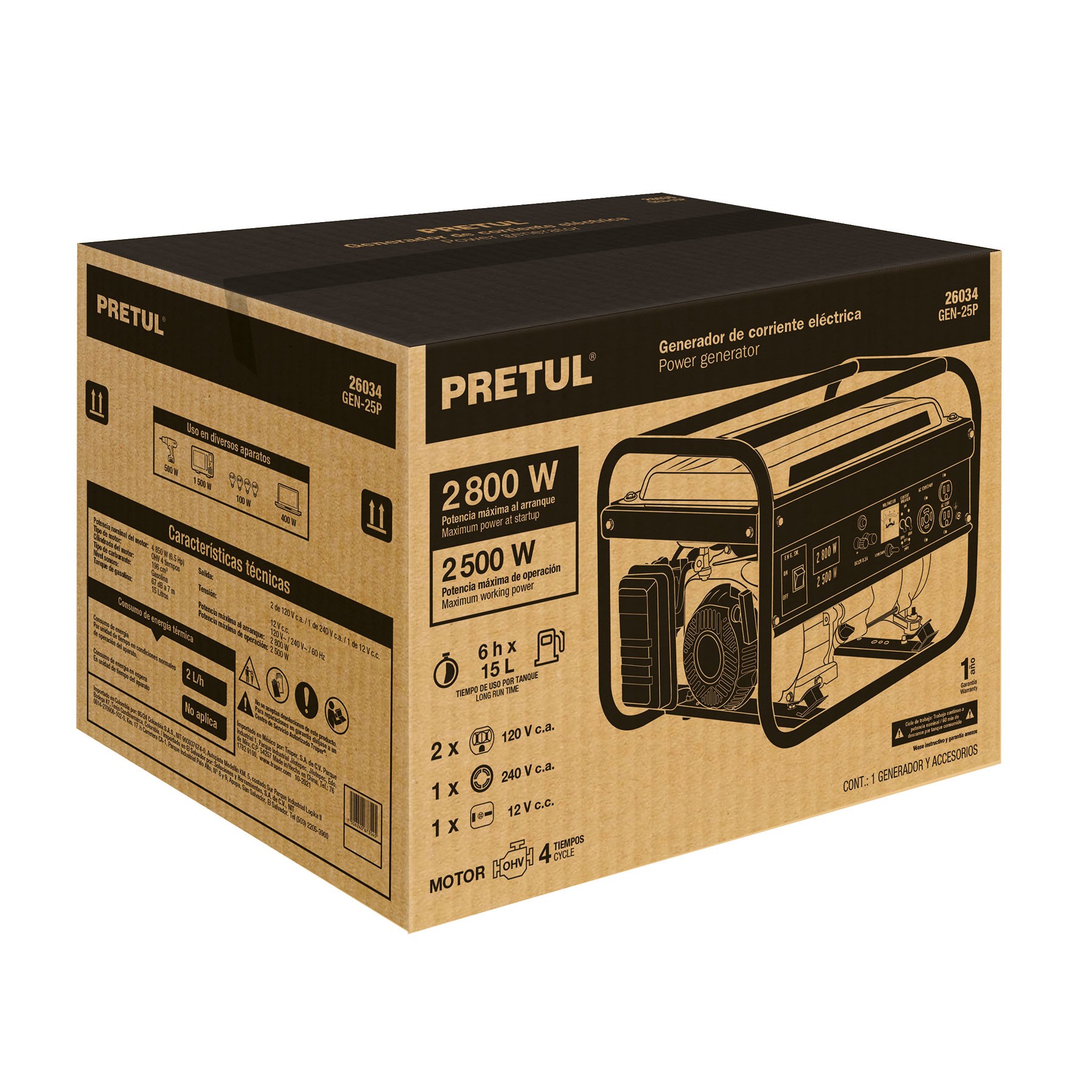 Generador portátil 2.8 kW motor a gasolina, Pretul  26034