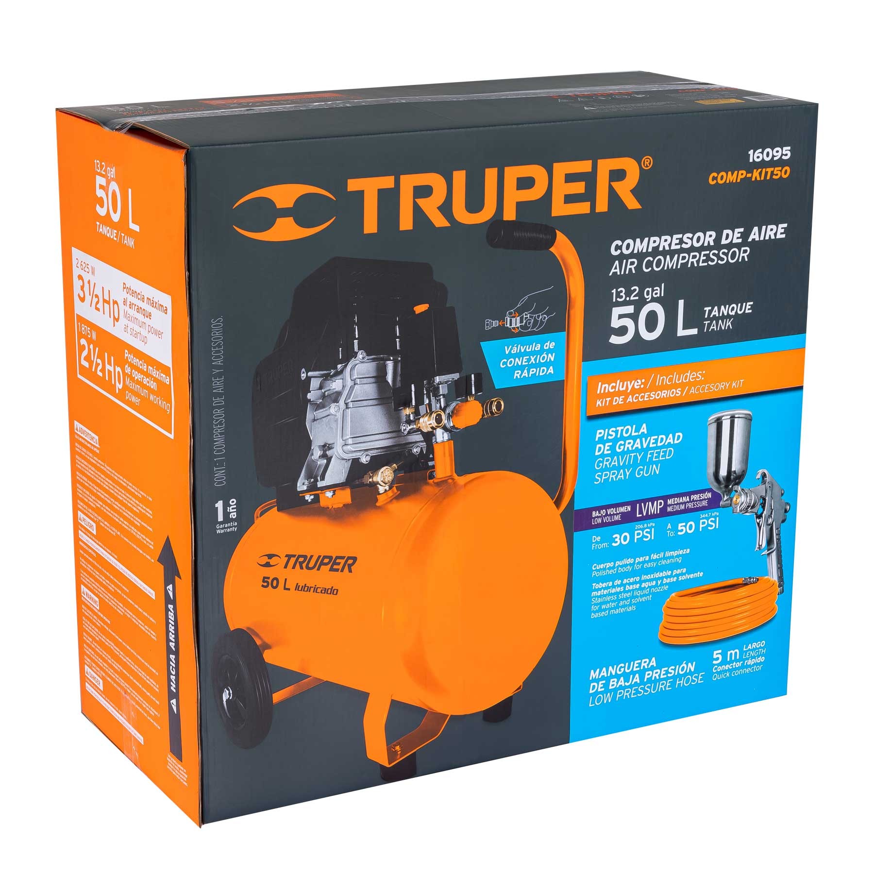 KIT, COMPRESOR 50 L, 3-1/2 HP, MANGUERA DE PVC Y PISTOLA 16095