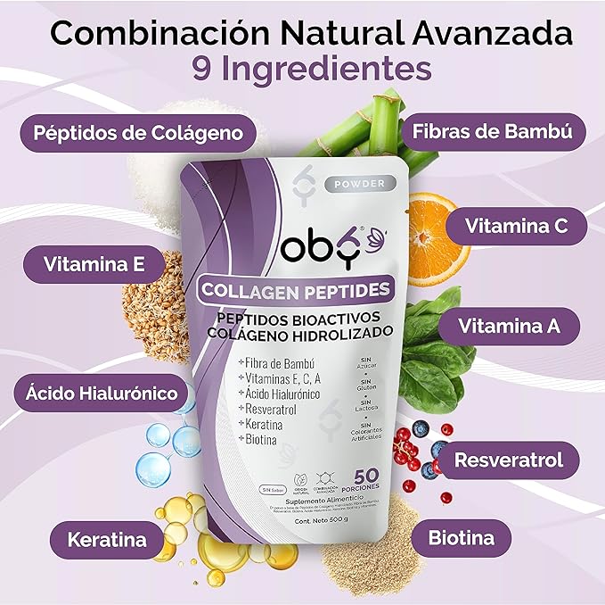 OBY Colageno Hidrolizado Puro + Acido Hialuronico | Suplemento en Polvo para Cabello, Piel y Uñas 