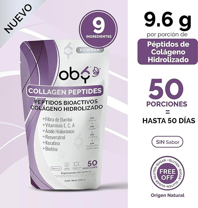 OBY Colageno Hidrolizado Puro + Acido Hialuronico | Suplemento en Polvo para Cabello, Piel y Uñas 