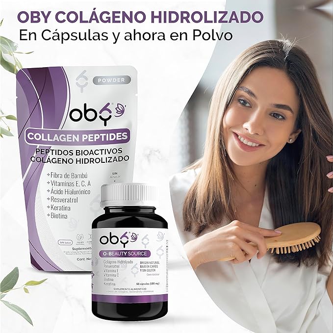 OBY Colageno Hidrolizado Puro + Acido Hialuronico | Suplemento en Polvo para Cabello, Piel y Uñas 